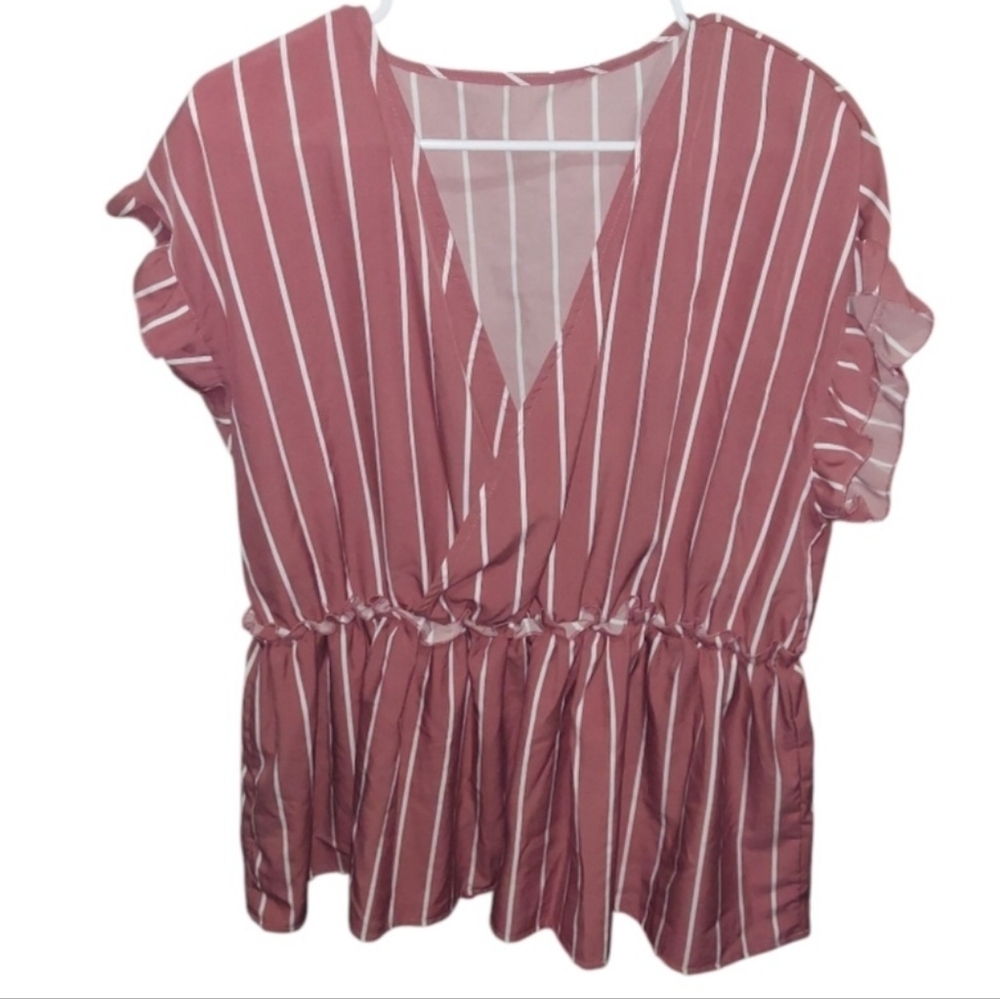 Striped V-Neck Ruffle Sleeve Top